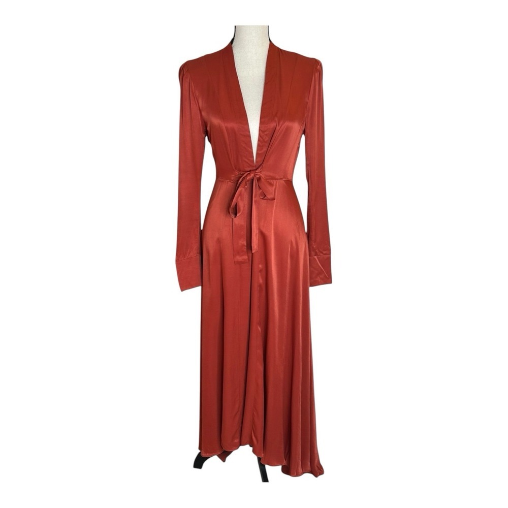 Free People Marilyn Satin Duster Red Tie Waist Long Layering Jacket Size Xs - Picture 2 of 12